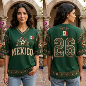 Mexico Football Jersey, Green Floral Aztec 2026 Summer of Soccer Bold MEXICO Lettering Soccer Ball Wreath Design Number 26, Perfect Gift for Her, Him
