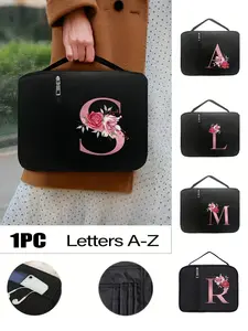 Fashion Nylon Bible Storage Bag, Rose & Deep Letter Print, Zipper Closure, Book Tablet Phone Pocket, Durable Handbag