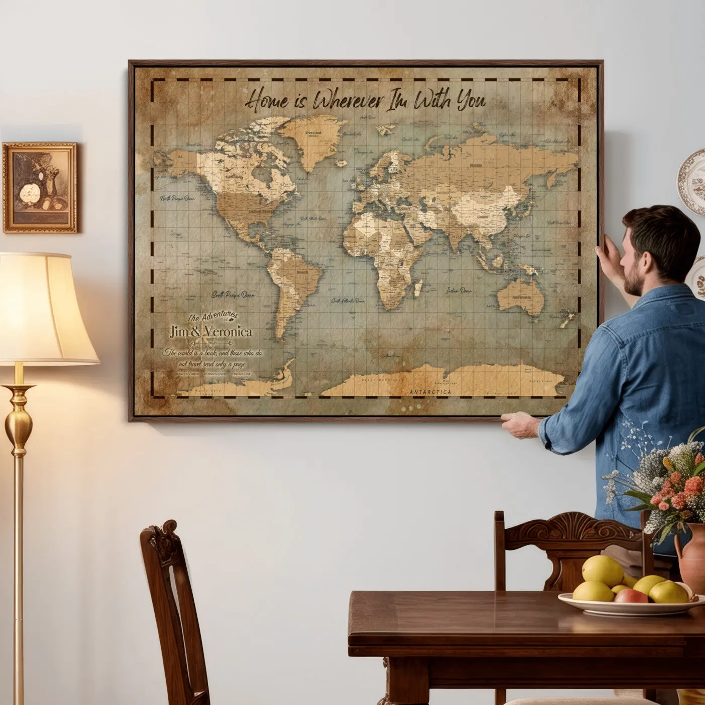 Vintage Personalized Push Pin World Map, Vintage Travel Map Canvas, Custom Names Anniversary Gift, Places Visited Pin Board, Couples Adventure Art
