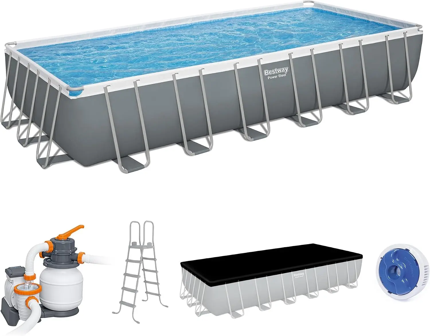 Bestway Power Steel 24’ x 12' x 52” Above Ground Pool, Rectangular Metal Frame Outdoor Swimming Pool Set with Sand Filter Pump, Ladder, and Cover