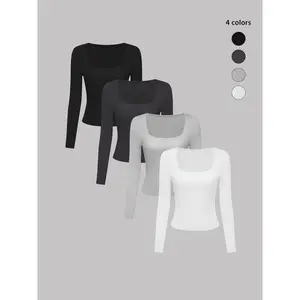 Women's Solid Square Neck Long Sleeve Tee, Casual Basic T-shirt for Daily Wear, Ladies Clothes for All Seasons