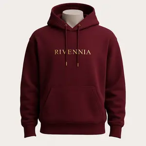 RIVENNIA Classic Maroon Hoodie – Gold Embroidered Logo Cotton Unisex Fashion Menswear Fleece Pocket Hem Kangaroo