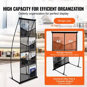 VEVOR Brochure Display Stand, 4-Tier 8 Pockets Mesh Literature Display Holder, Floor Standing Magazine Newspaper Catalog Rack, Lightweight & Portable with Carrying Bag for Shop Exhibitions Office