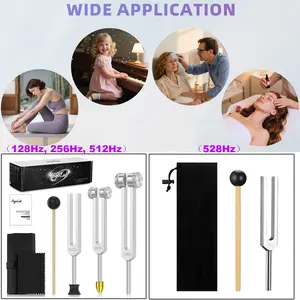 POGOLAB Resonance Sound Healing Tuning Fork Set 3 Pcs-Tuned Forks (128Hz,  256Hz, 512Hz) or 1 Pcs 528Hz Complete Kit with Percussion Mallet Crystal Base Vegan Leather Pouch Sound Therapy for Stress Relief, Deep Relaxation, Chakra Alignment Yoga Meditation