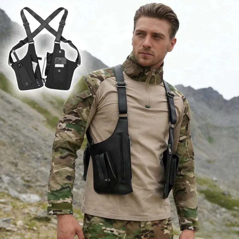 Double Shoulder Strap Bag - Waterproof PU Multi-Pocket Tactical Fishing Bag with Anti-Theft Design & Adjustable Strap for Fishing Hiking Camping Daily Carry
