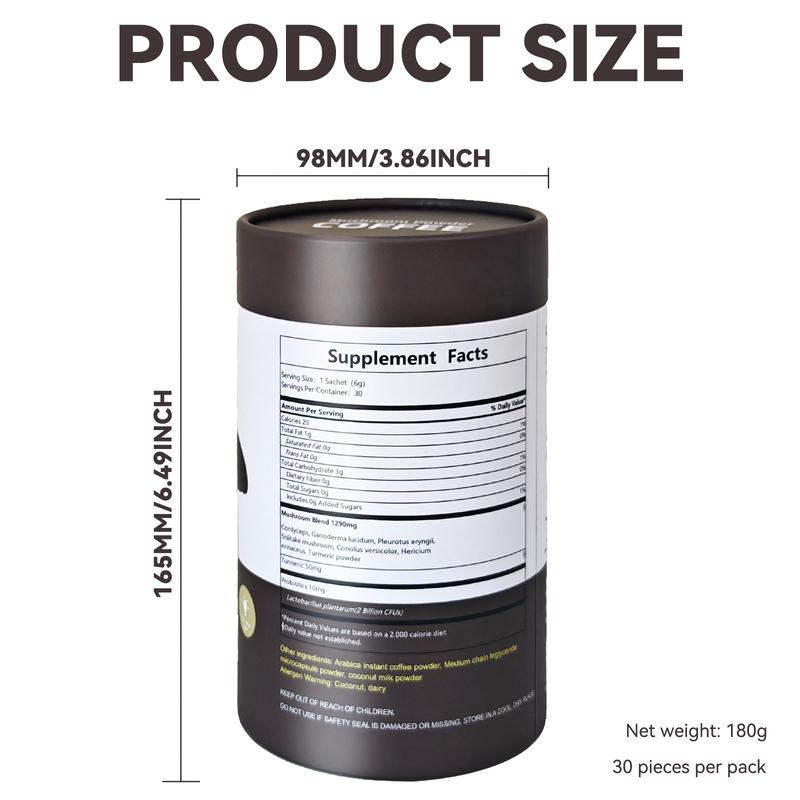 Mushroom Coffee with 6 Adaptogenic Mushrooms and 2 Billion CFUs Lactobacillus plantarum, USA Grown Instant Coffee for Better Energy, Focus, Digestion, Immunity with Cordyceps, Shiitake, Chaga , 30 Servings (180g/6.35oz)