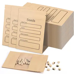 100 Pack Small Resealable Seed Envelopes with Clear Window, Brown Kraft Paper Seed Packets Envelopes with Preprinted Collecting Template for Storage, Organizer