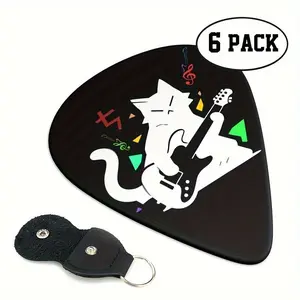 6-Piece Acoustic Guitar Picks with PU Case, Cute Cat Design, Double-Sided Printing, Ukulele Guitar Picks, Music Lover's Gift, Kitty, Instrument Accessories