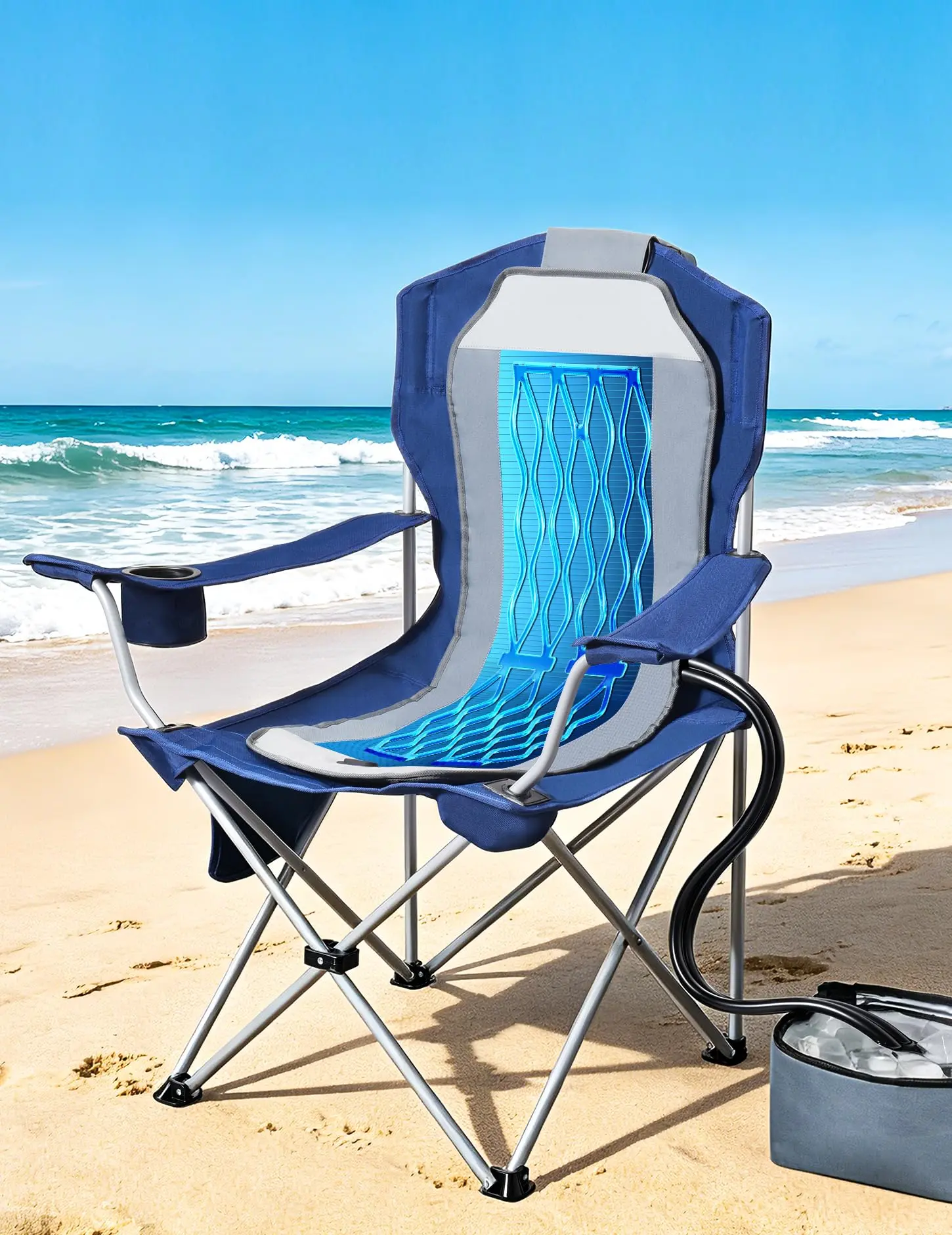 Camping Chair with Cooling Pad, 330lbs Heavy Duty Excludes Battery | Cools 50°F in 20 Sec, Folding Beach Chair with Cup Holder, Side Pocket, Includes Storage Bag – Ideal for Sports Events