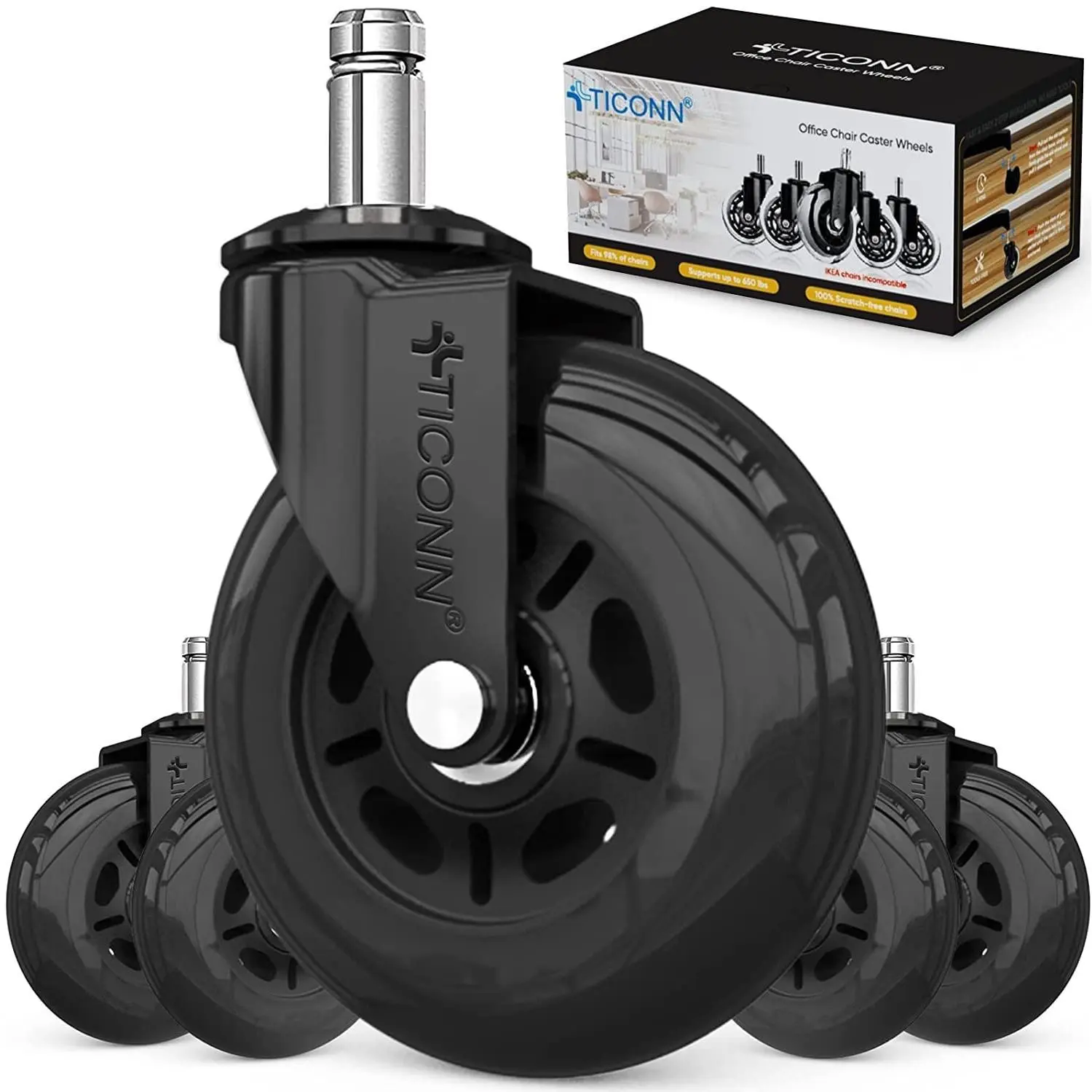 Office Chair Caster Wheels Set of 5 for Tile, Hardwood Floors and Carpets, Universal Fit for Most Chairs