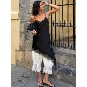 Women Silk Satin Lace Trim V-neck High Low Cami Top Mini Dress Extra Long Camisole Asymmetrical Hem Lace Trim Backless Camisole Tank Tops Y2k Silky Half Slip Short Dress