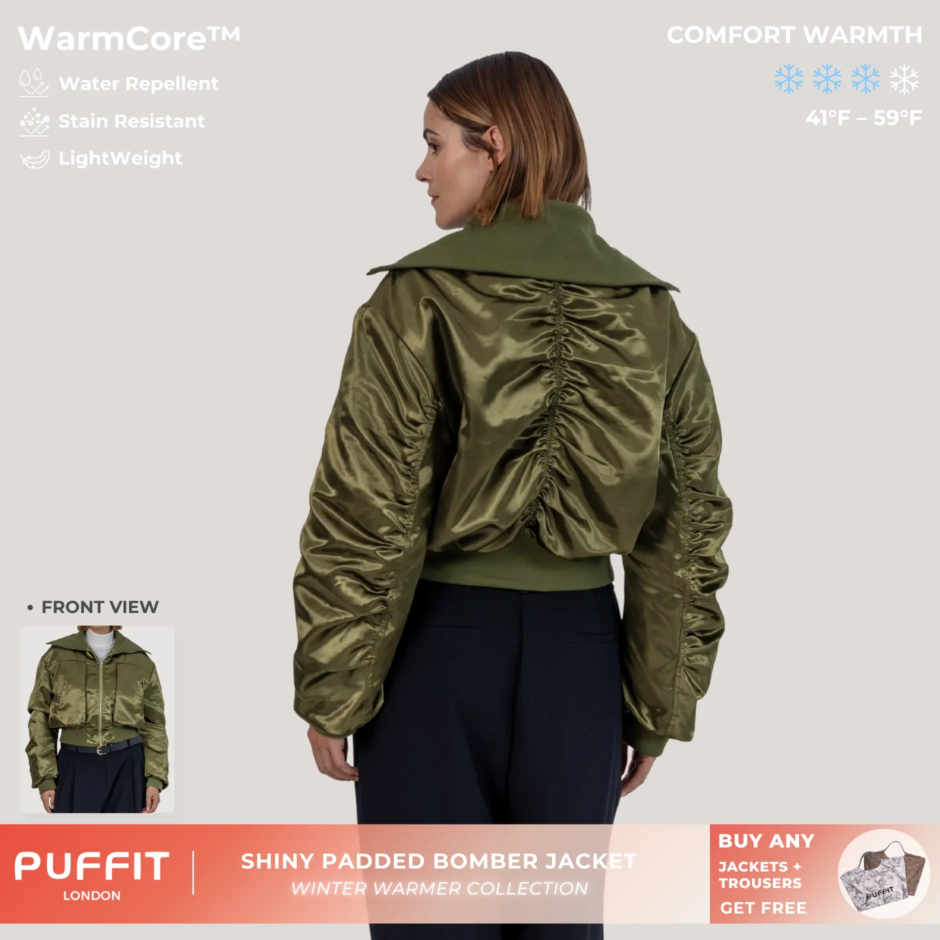 PUFFIT WarmCore Water Repellent Full-Zip Cropped Bomber Padded Jacket With Extra Wide Collar,Stain Resistant,LightWeight,Women's Wear Jackets,Winter Coats,Lady Casual Outerwear Longsleeves Zip Pockets Warm Quilted Coat,Autumn,Shopping,2026