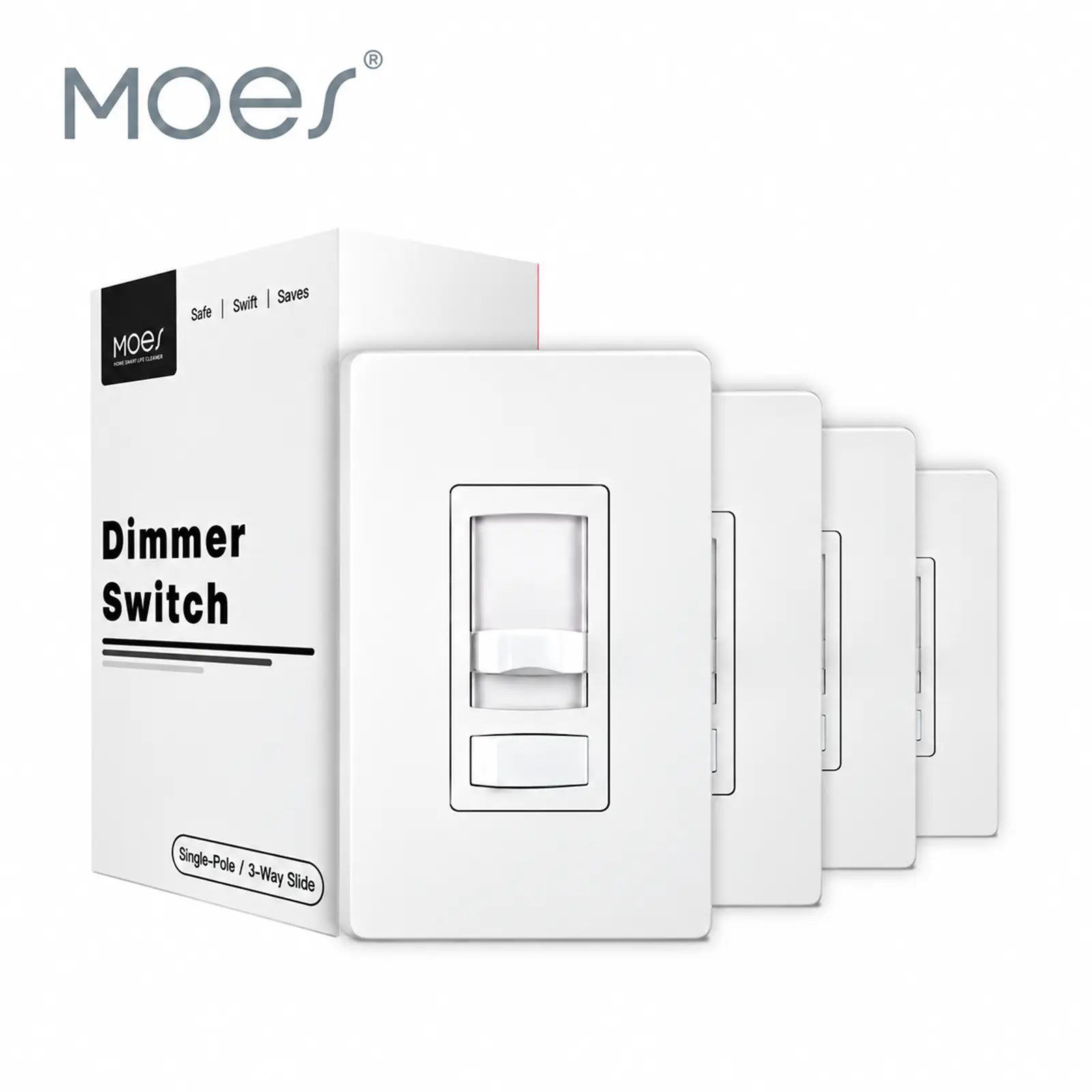 MOES Dimmer Light Switch, 3 Way & Single Pole Dimmable for LED, CFL, Incandescent, Halogen, 600Watt Max, ON/Off with Dimming Slide for Bedroom Hallway, No Neutral Wire Required