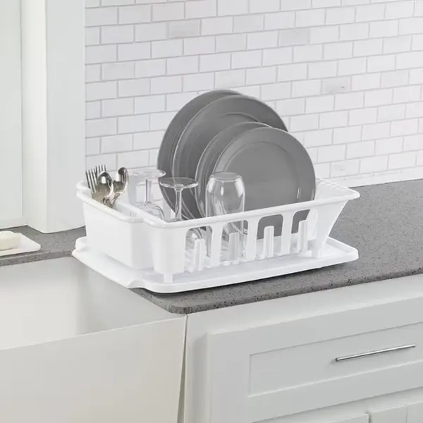Large 2-Piece Dish Drying Rack Set with Drainboard, Kitchen Sink Organizer for Plates, Cups and Flatware, White