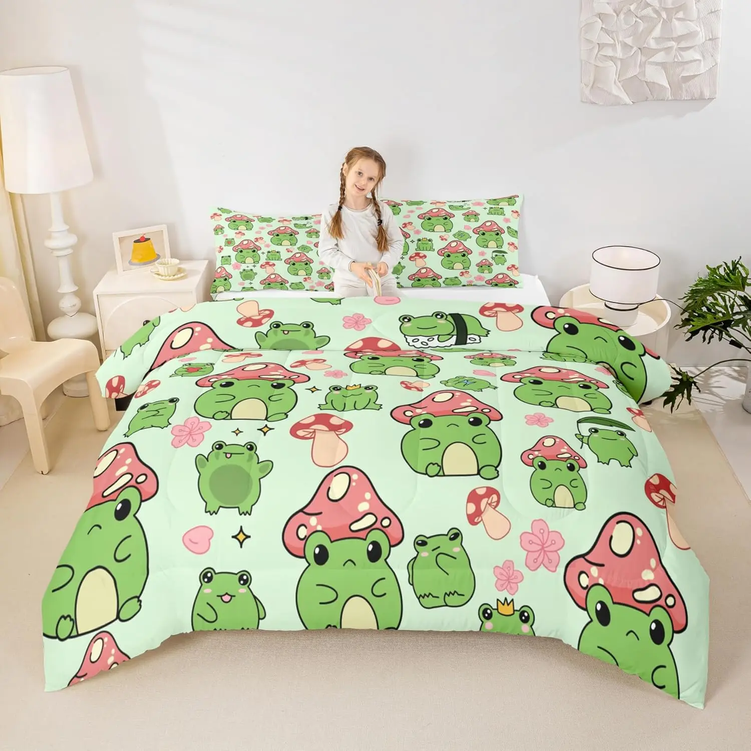 Feelyou Cute Twin/Full Kids' Bedding Set - Pink Green Duvet Insert, Comforter, Cartoon Printed Blanket with Frog & Plant Patterns, Bedroom Decor Item
