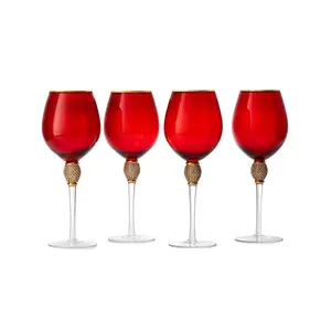 Large Red Diamond Wine Glasses, Christmas, Holiday, & Weddings, 10" H Gold Rim Rhinestone DIAMOND Studded Glasses - Wedding Glasses - 18oz, Premium Bling Designed Glassware, Crystal Long Stem Glass