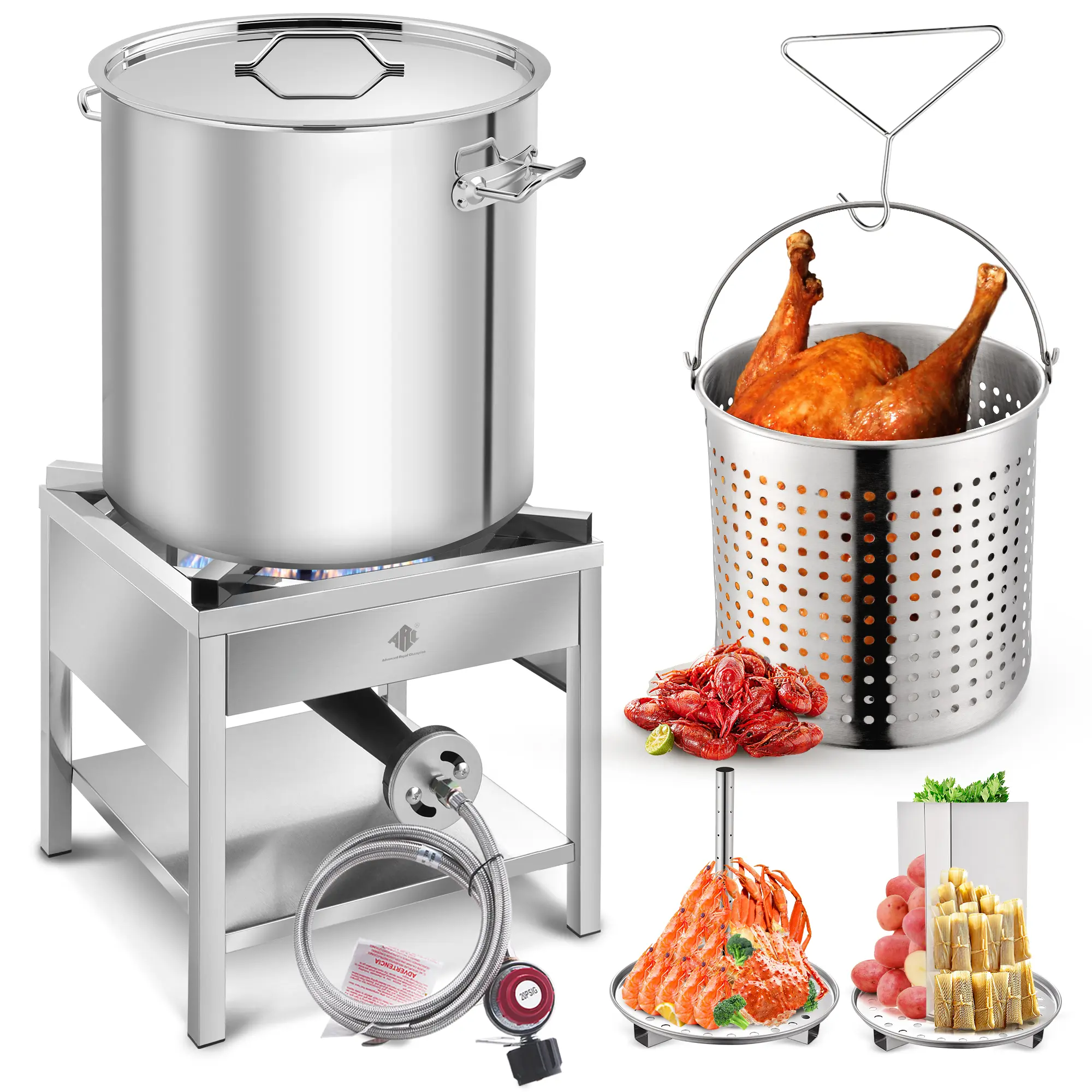 ARC 64QT Stainless Steel Outdoor Seafood Boiling Kit, 200,000BTU Propane Burner And Crawfish Boil Pot w/Basket and Steamer Rack, For Outdoors Cooking and Steaming, Large Turkey Fryer Pot, Lobster Shrimp Pot
