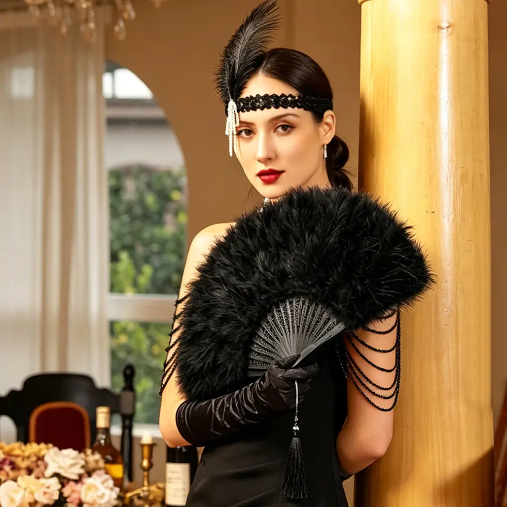 1 pcs 20s Vintage Folding Fan Marabou Black Feather Fan Clothing Accessories and Party Decorations Handheld Marabou Feather Fan