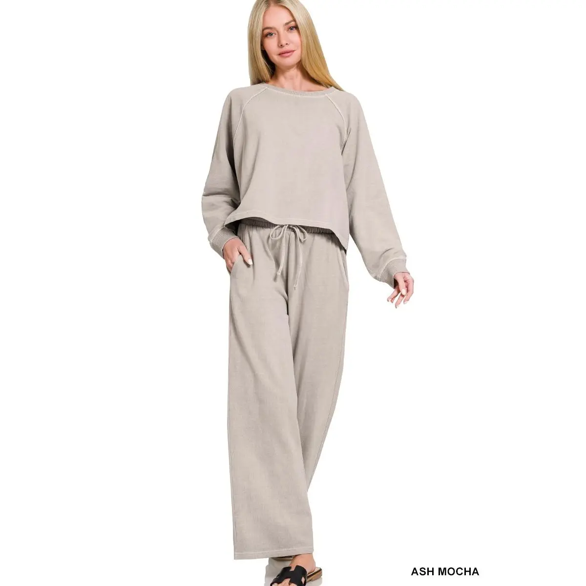 Zenana Washed F/terry Round Neck Pullover & Pants Set