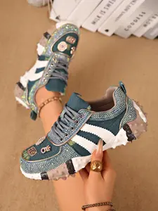 Women's Rhinestone Checkered Dad Shoes, Thick Sole Height Boost Anti-Slip, Casual Sporty Footwear, All-Season Textile Rubber Soles