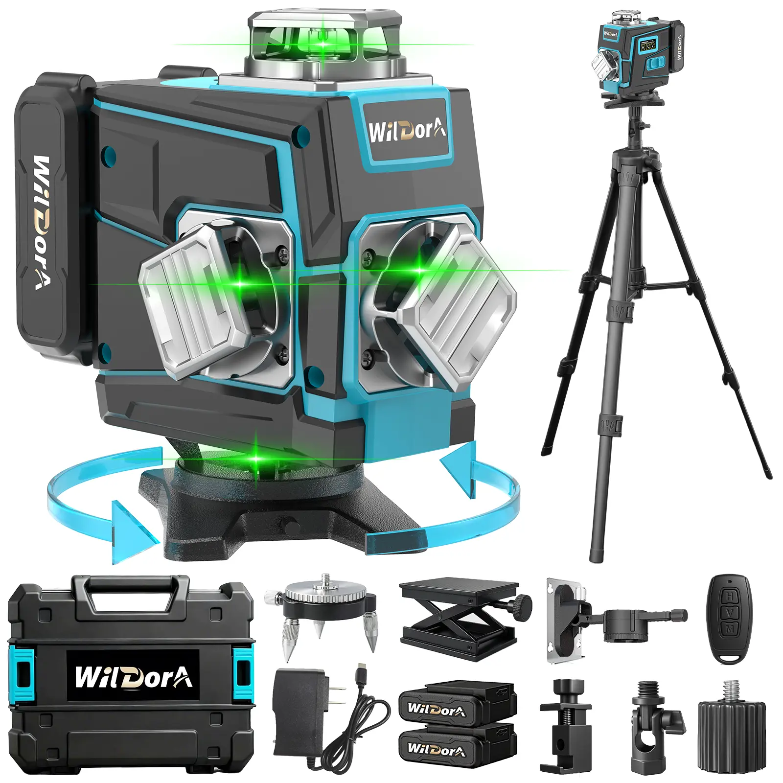 Wildora 4D 16-Line Green Laser Level, 4x360° Self-Leveling with Tripod, 2x 4800mAh Batteries, Remote Control & Hard Case