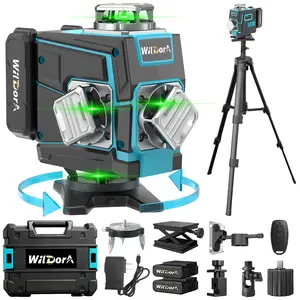 Wildora 4D 16-Line Green Laser Level, 4x360° Self-Leveling with Tripod, 2x 4800mAh Batteries, Remote Control & Hard Case