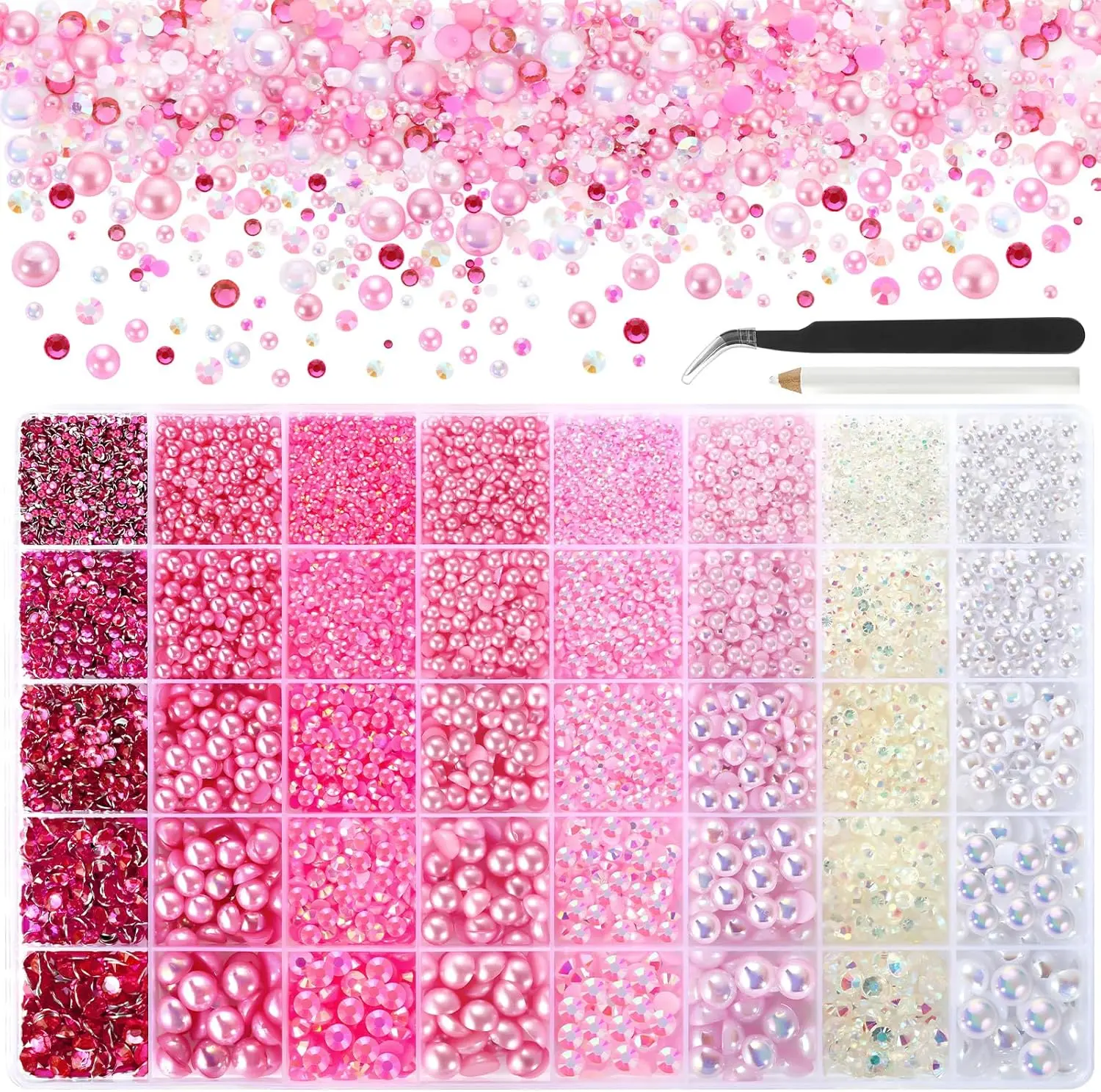 Funtopia 14500+ Bedazzled Kit Pink Flatback Pearls and Rhinestones for Bedazzling, 2mm-10mm Flat Back Pearls and Gems for Crafting, Bedazzler Kit for Nail Art Shoes Clothes Tumblers DIY