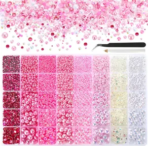 Funtopia 14500+ Bedazzled Kit Pink Flatback Pearls and Rhinestones for Bedazzling, 2mm-10mm Flat Back Pearls and Gems for Crafting, Bedazzler Kit for Nail Art Shoes Clothes Tumblers DIY