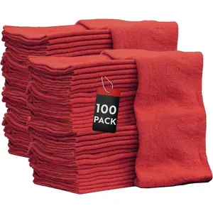 Auto Mechanic Shop Towels 100 Pack Bulk Rags  Cotton Commercial Grade Shop Rags Size 14"x14" (100 Pack, Red)