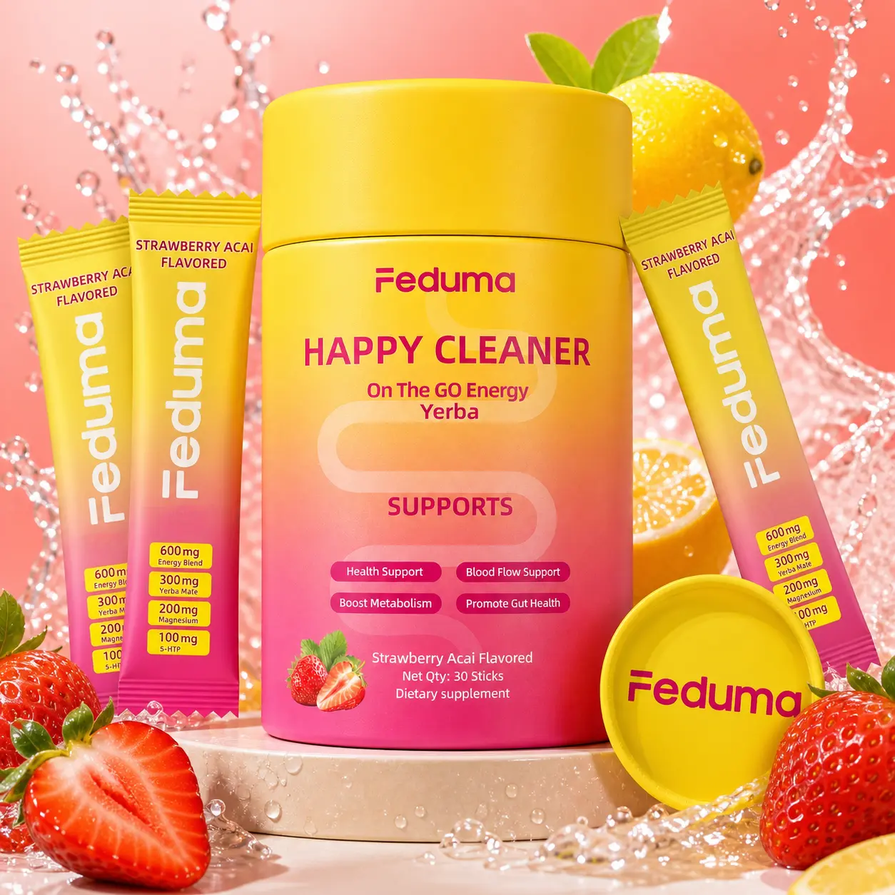 Happy Cleaner Cutting Mix Powder |Yerba Mate |  Magnesium | Berberine | Chromium | 5-HTP | Strawberry Acai | 30 Sticks