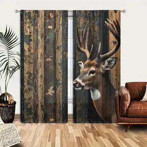 2D Flat 2Pcs Rustic Woodland Deer Curtains, Realistic Buck Antler Print, Distressed Wood Background, Country Lodge Style, Semi Sheer Polyester Panels, Rod Pocket Design, Living Room Bedroom Cabin Decor, Nature Hunting Theme Window Treatment,