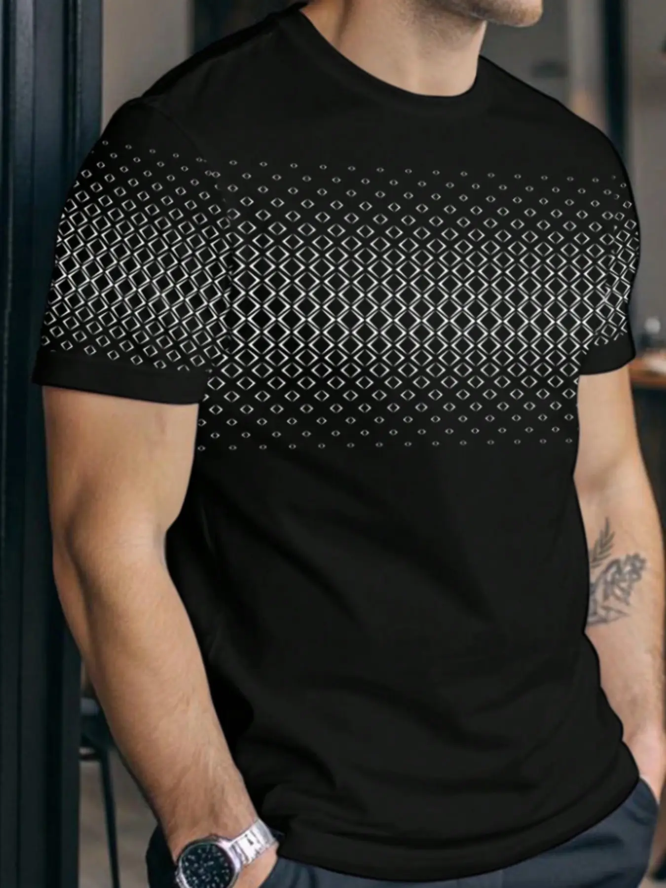 Men's Geometric Pattern Print Fitted Short Sleeve Round Neck Long Casual Graphic Top, Casual Streetwear Shirt, Streetwear, Menswear, All-Season Comfortable Daily Wear Tee, Ideal for Everyday