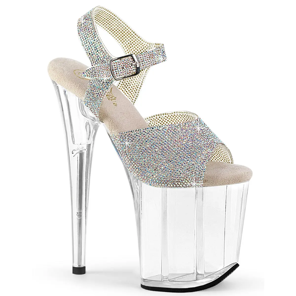 Pleaser Women's 808N-RS Rhinestone Platform Sandals, Silver AB Statement Shoes with Ankle Strap, 8" Heel and 4" Platform, Embellished Upper, Footwear, Open Toe, Heeled, Block Heel, Stylish, Elegant, Fully Embellished, Statement Wear, Silver Ab Rhinestone/