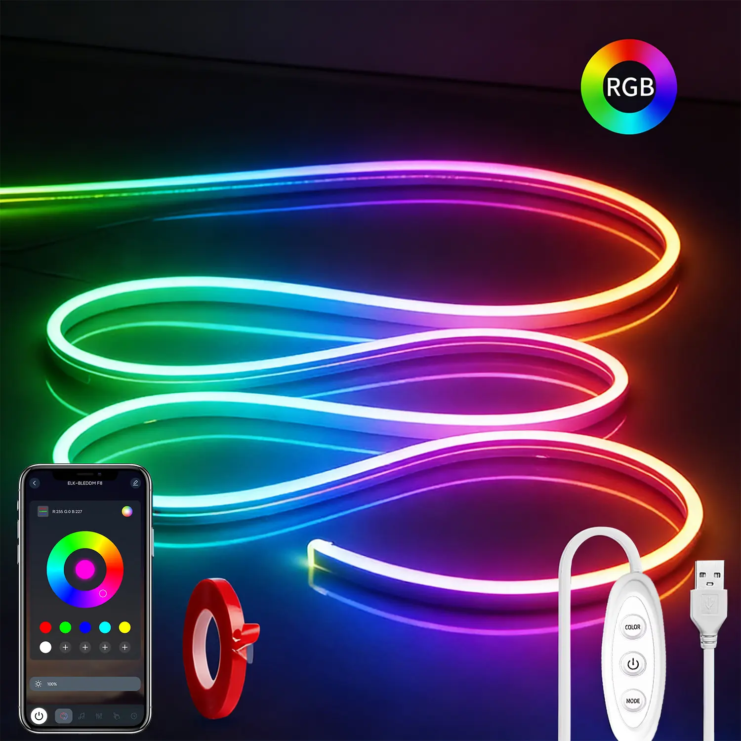 UOYGAO USB LED Neon Rope Strip Light, 9.84FT RGB with APP & Button Control, Music Sync Color Changing, Adjustable Brightness, IP65 Waterproof LED Lights for Bedroom, Gaming Room Decor, Room Decor