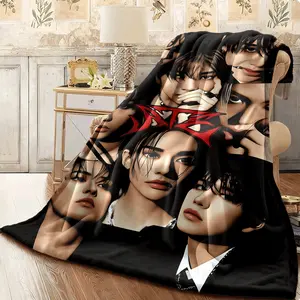 1pc Group Photo Ultra-Soft Flannel Throw Blanket Cozy All-Season Sofa Blanket for SKZ Fans Black Background with Member Portraits & Red Logo Print