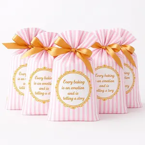 50Pcs Mother's Day Gift Bag Sweet Pink Heart Striped Drawstring Pouch for Wedding Valentine Party Gift