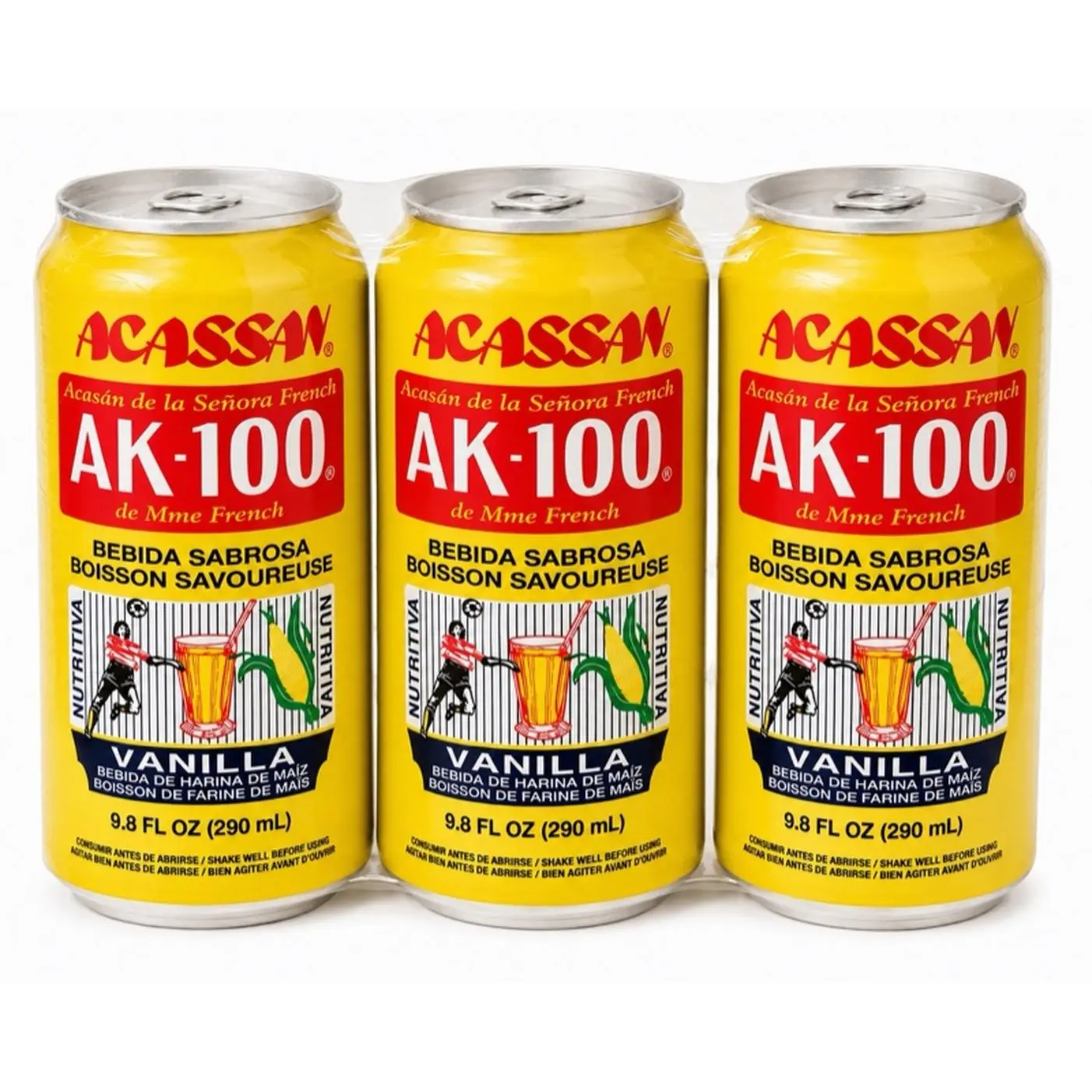 ACASSAN AK-100 Vanilla Corn Drink Pack of 3 290 mL Ready to Drink Caribbean Beverage Smooth Creamy Taste Perfect for Home Work School Travel