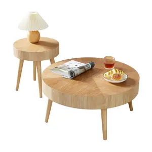 Giratree Farmhouse Round Coffee Table Set of 2, Rustic Sofa Side End Tables w/Wood Finish, Nesting End Table Set for Living Room, Bedroom (Natural)