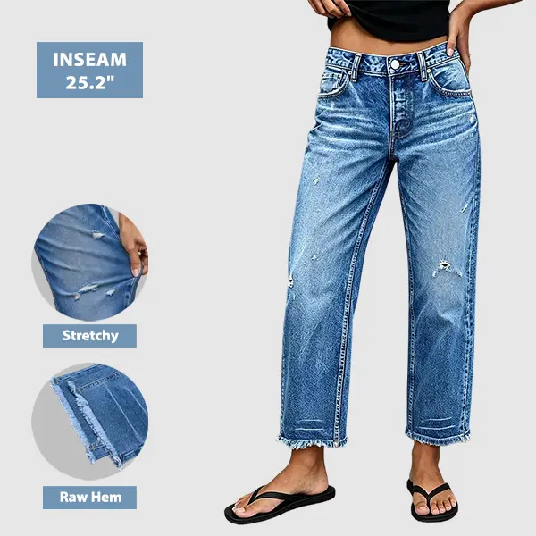 Flamingals Wash Ripped Raw Hem Mid Rise Straight Leg Crop Jeans Stretchy 25.2'' Inseam