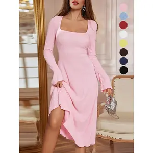 Women's Plain Lace Up Tie Back Flounce Sleeve Dress, 1 Count Elegant Square Neck Long Sleeve A Line Dress for Formal Party Holiday Wedding Guest, Ladies Spring&Fall Clothes