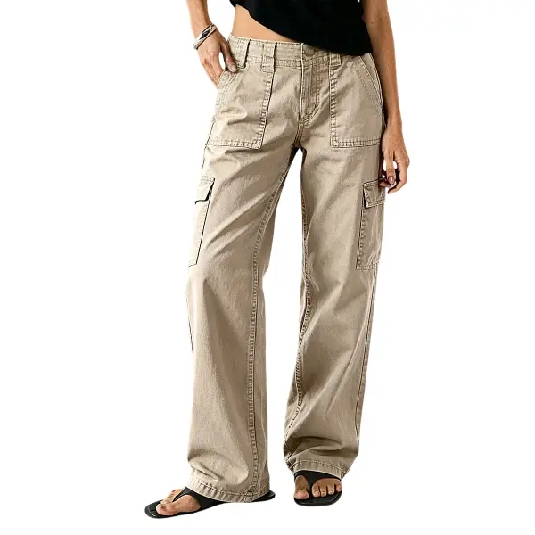 Flamingals Solid Flap Pocket Mid Waist Straight Leg Cargo Pants Womenswear Stretchy 30.3" Inseam