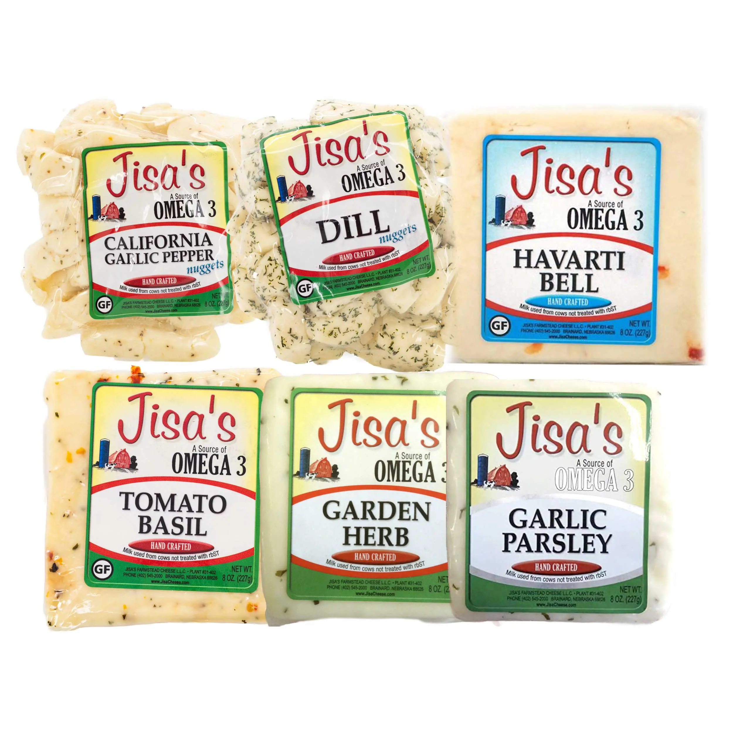 Cheese 6 Piece Sampler | Garlic Pepper, Dill, Havarti Bell, Tomato Basil, Garden Herb, Garlic Parsley | Jisa's Farmstead Cheese