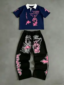 Y2K Streetwear Oversized Angel Graphic Polo Tracksuit Set, Gothic Pink Print 2 Piece Outfit, Casual Baggy Jogger Sweatpants & Crop Top, Harajuku Grunge Aesthetic Streetwear for Teen, Y2K Fashion 2026, Street Style Tracksuit