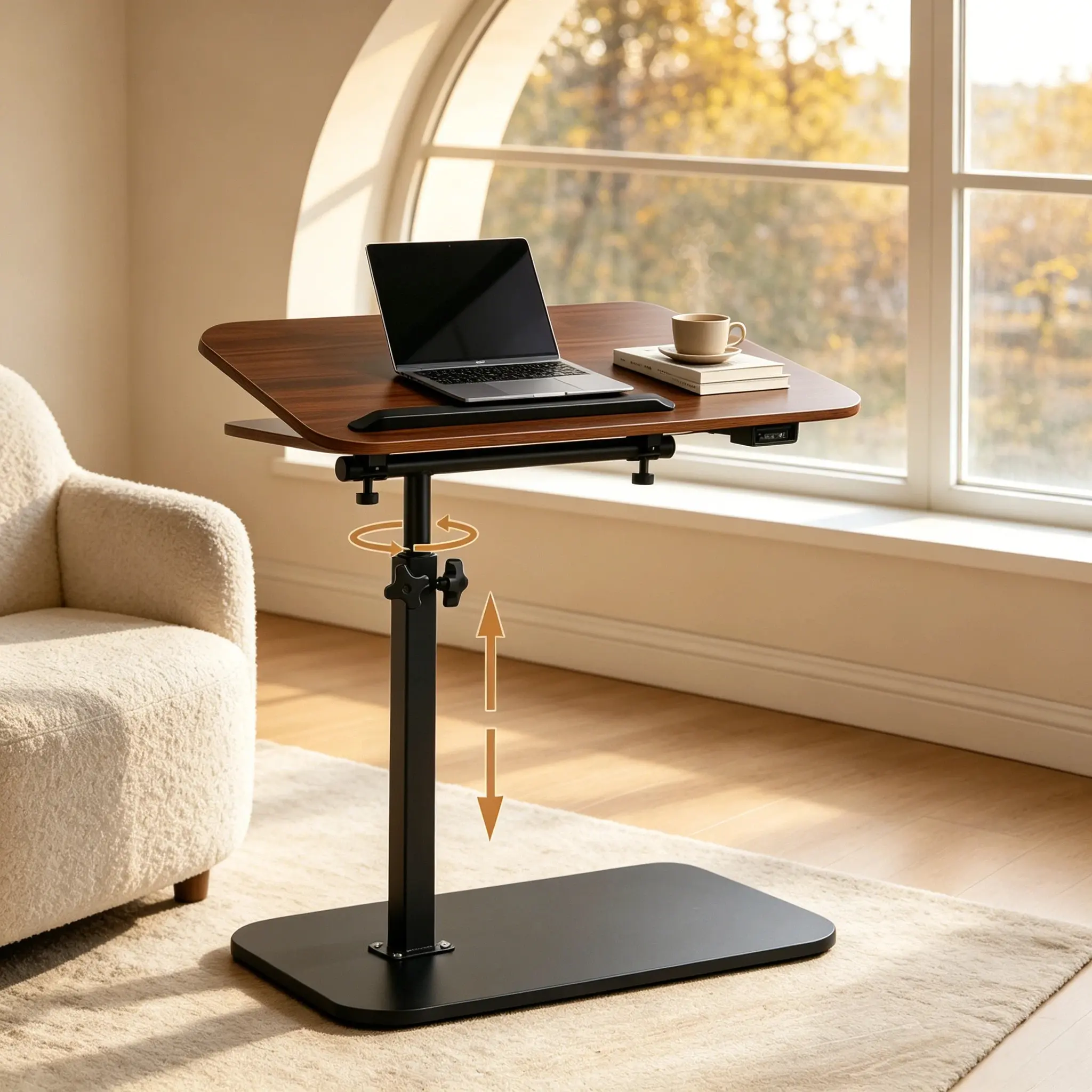 Side Table, Couch Side Table, C Table Adjustable Swivel Sofa Tray Table with Heavy Metal Base, 11.8×15.7in C Shaped End Table for Couch, Bed, or Living Room