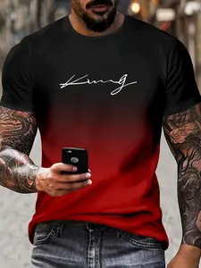 Men's King Letter Gradient Print T-Shirt, Fitted, Round Neck Short Sleeve, Summer Casual Fashion, Streetwear, Daily Wear, Outdoor Use