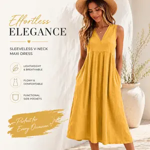 Women's V-Neck Linen Blend Midi Dress with Pockets - Casual Summer Sundress Loose Sleeveless A-Line Midi Dress - Breathable Casual Dress with Side Pockets   tier dresses