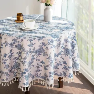 Vintage Rectangular Tablecloth with Fringe Wheat Ears, Floral Pattern, Washable, Indoor Outdoor Use, Farmhouse Decor, Picnic, Desktop Decoration