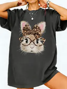 Easter 1PC Women's Coquette Style Bunny Print T-Shirt, Cute Animal Top With Leopard Bow, Comfortable Loose Fit, Perfect for Dates, Casual Hangouts and Coffee Dates