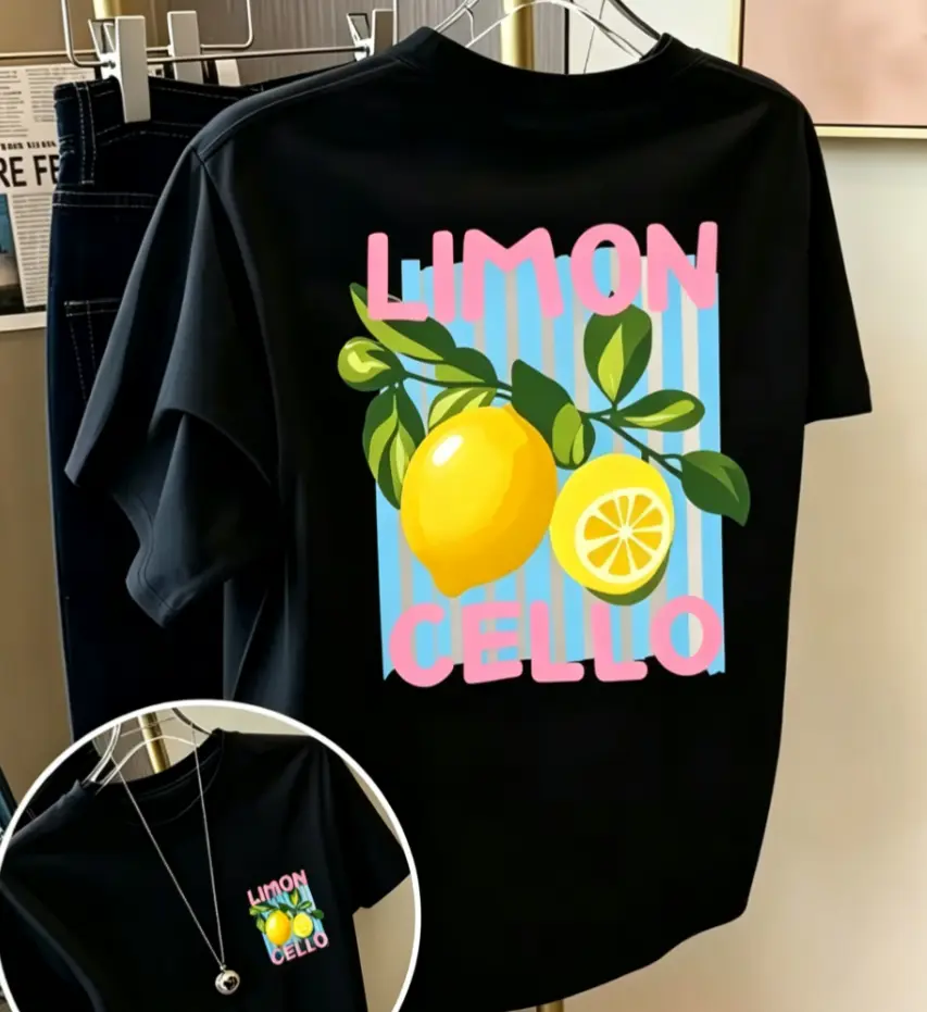 Unisex 100% Cotton Limoncello Lemon Graphic T‑Shirt, Double Sided Print Summer Fruit Casual Short Sleeve Tee, Trendy Back Print Shirt For Men & Women