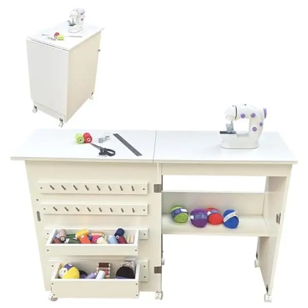 GARVEE Space-Saving Folding Sewing & Craft Table – Multipurpose Desk with Storage Shelves, Trays, Magnetic Locks, Lockable Wheels – Ideal for Small Spaces & Studios, White
